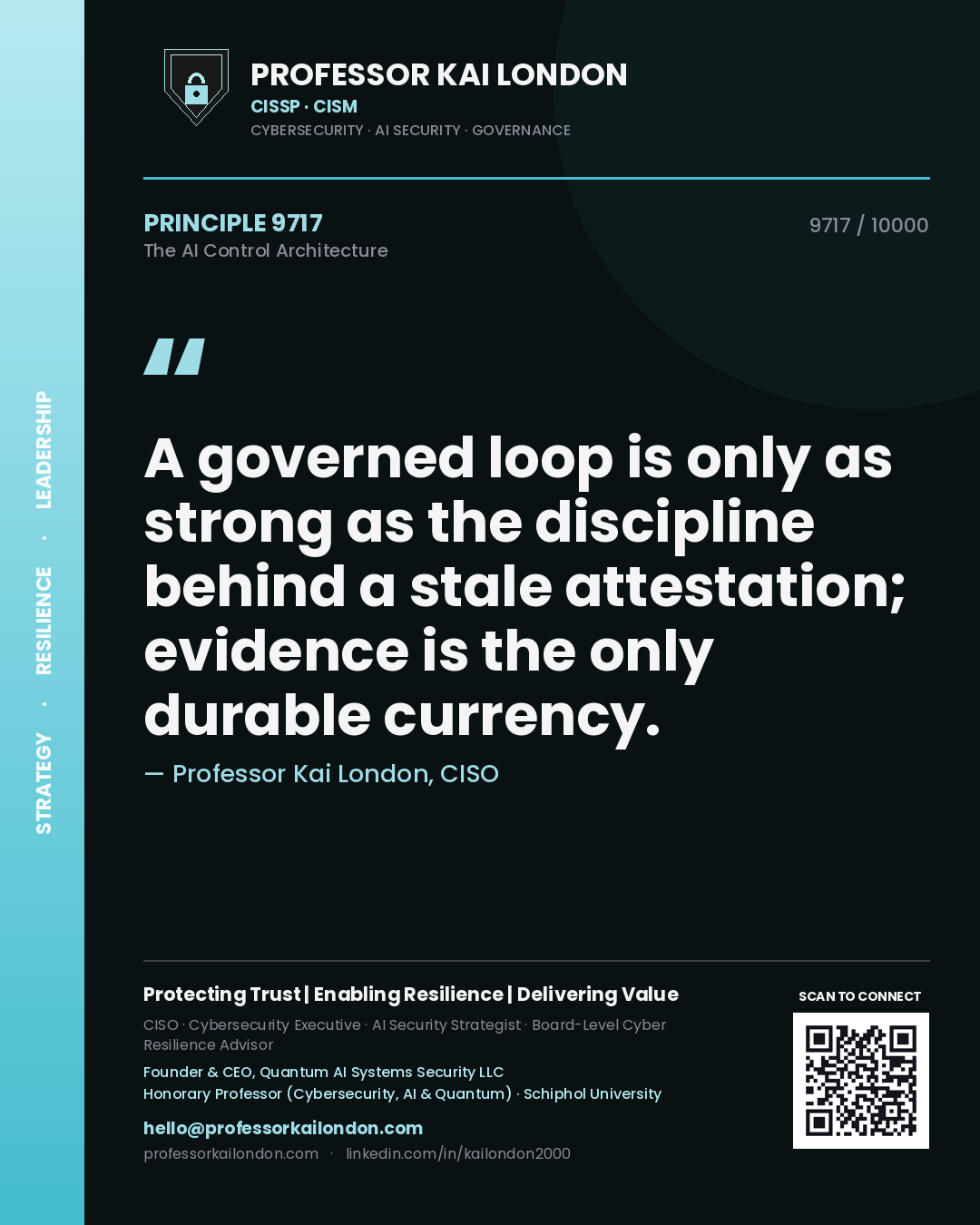 Professor Kai London principle 9717: A governed loop is only as strong as the discipline behind a stale attestation; evidence is the only durable currency.