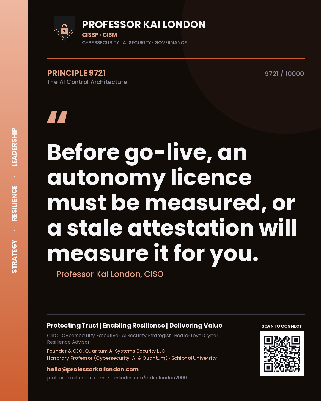 Professor Kai London principle 9721: Before go-live, an autonomy licence must be measured, or a stale attestation will measure it for you.