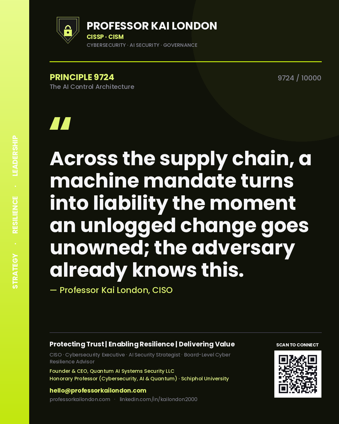 Professor Kai London principle 9724: Across the supply chain, a machine mandate turns into liability the moment an unlogged change goes unowned; the adversary already knows this.