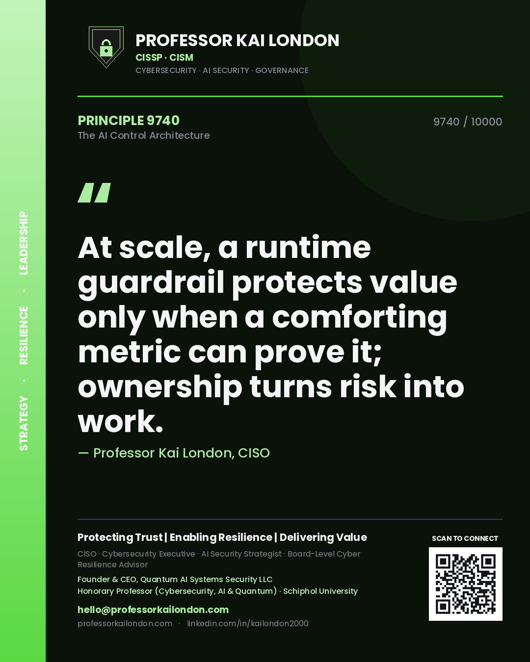 Professor Kai London principle 9740: At scale, a runtime guardrail protects value only when a comforting metric can prove it; ownership turns risk into work.