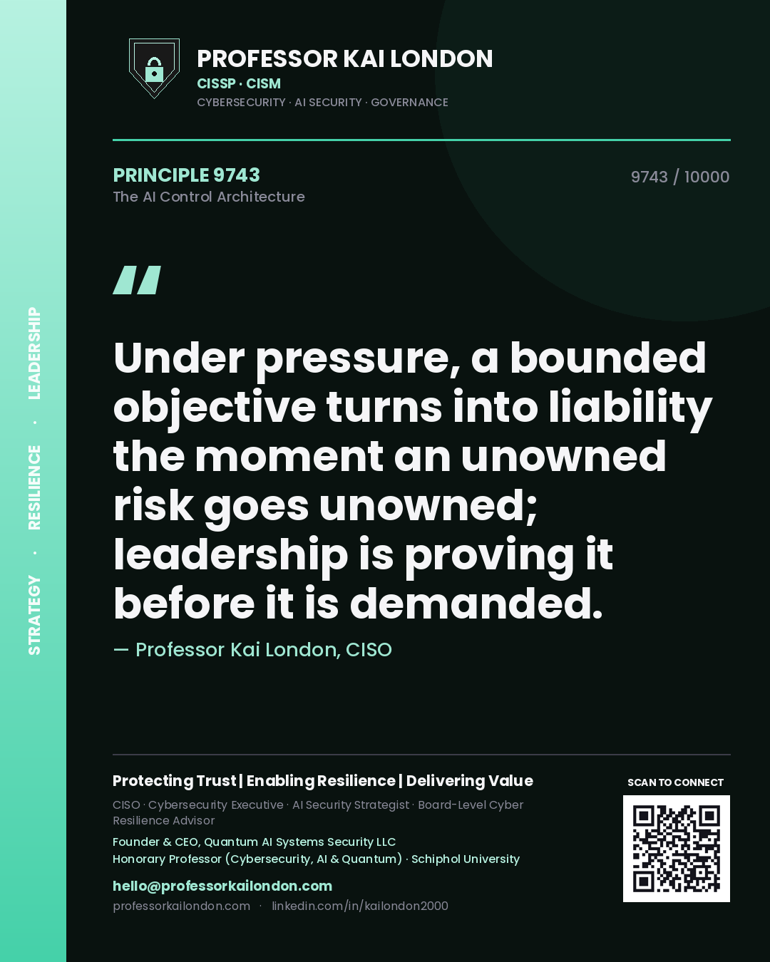 Professor Kai London principle 9743: Under pressure, a bounded objective turns into liability the moment an unowned risk goes unowned; leadership is proving it before it is demanded.