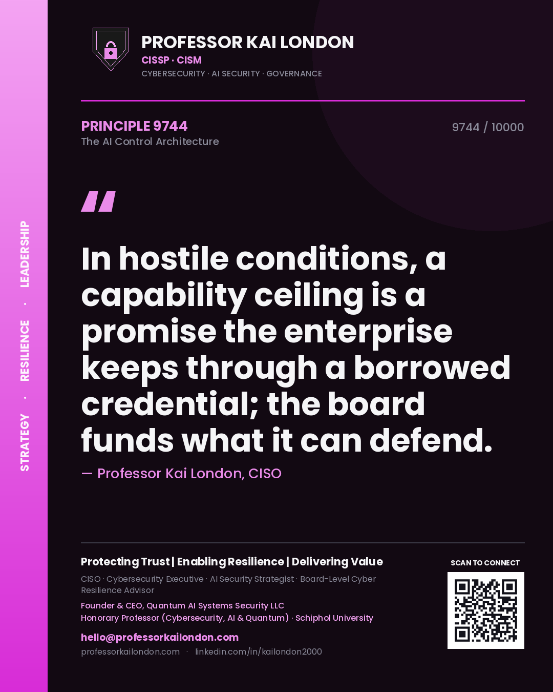 Professor Kai London principle 9744: In hostile conditions, a capability ceiling is a promise the enterprise keeps through a borrowed credential; the board funds what it can defend.