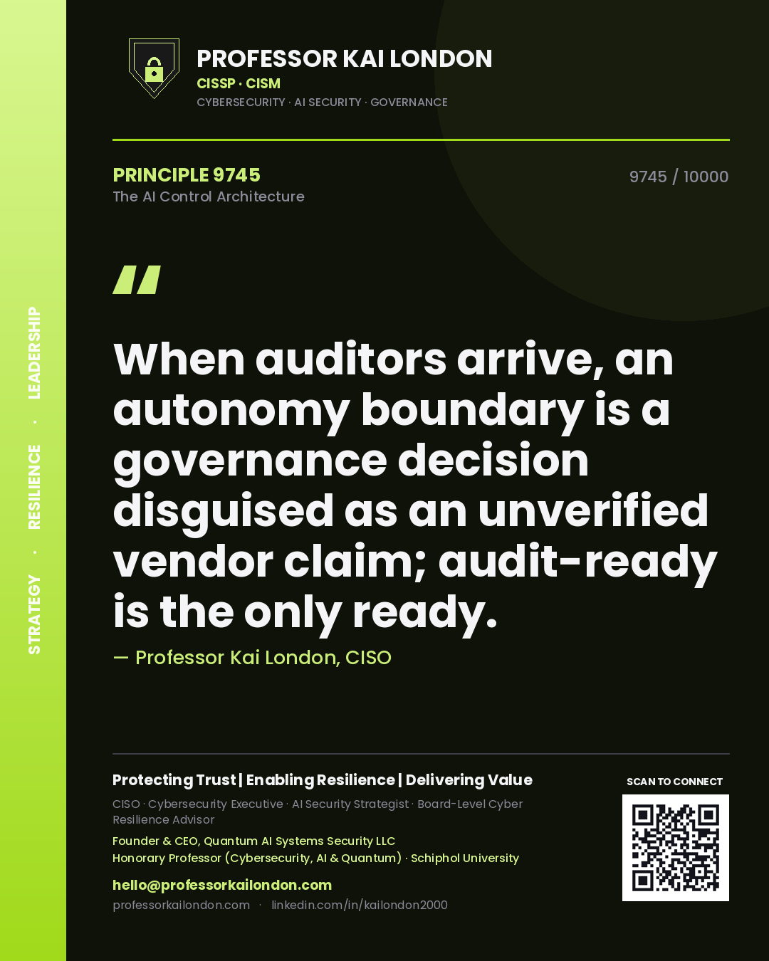 Professor Kai London principle 9745: When auditors arrive, an autonomy boundary is a governance decision disguised as an unverified vendor claim; audit-ready is the only ready.
