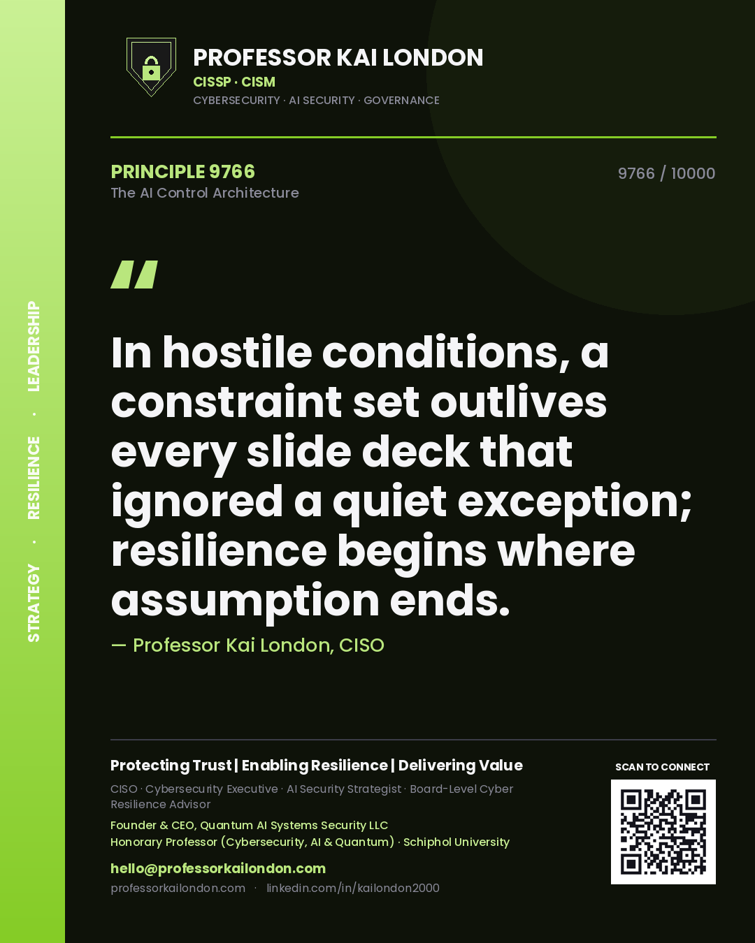 Professor Kai London principle 9766: In hostile conditions, a constraint set outlives every slide deck that ignored a quiet exception; resilience begins where assumption ends.