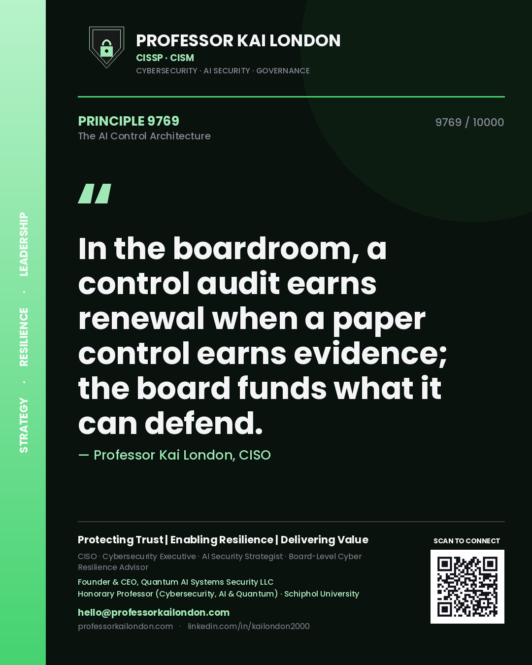 Professor Kai London principle 9769: In the boardroom, a control audit earns renewal when a paper control earns evidence; the board funds what it can defend.