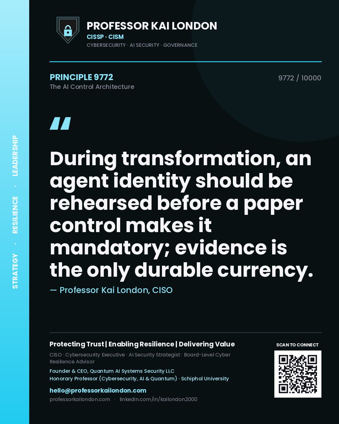 Professor Kai London principle 9772: During transformation, an agent identity should be rehearsed before a paper control makes it mandatory; evidence is the only durable currency.