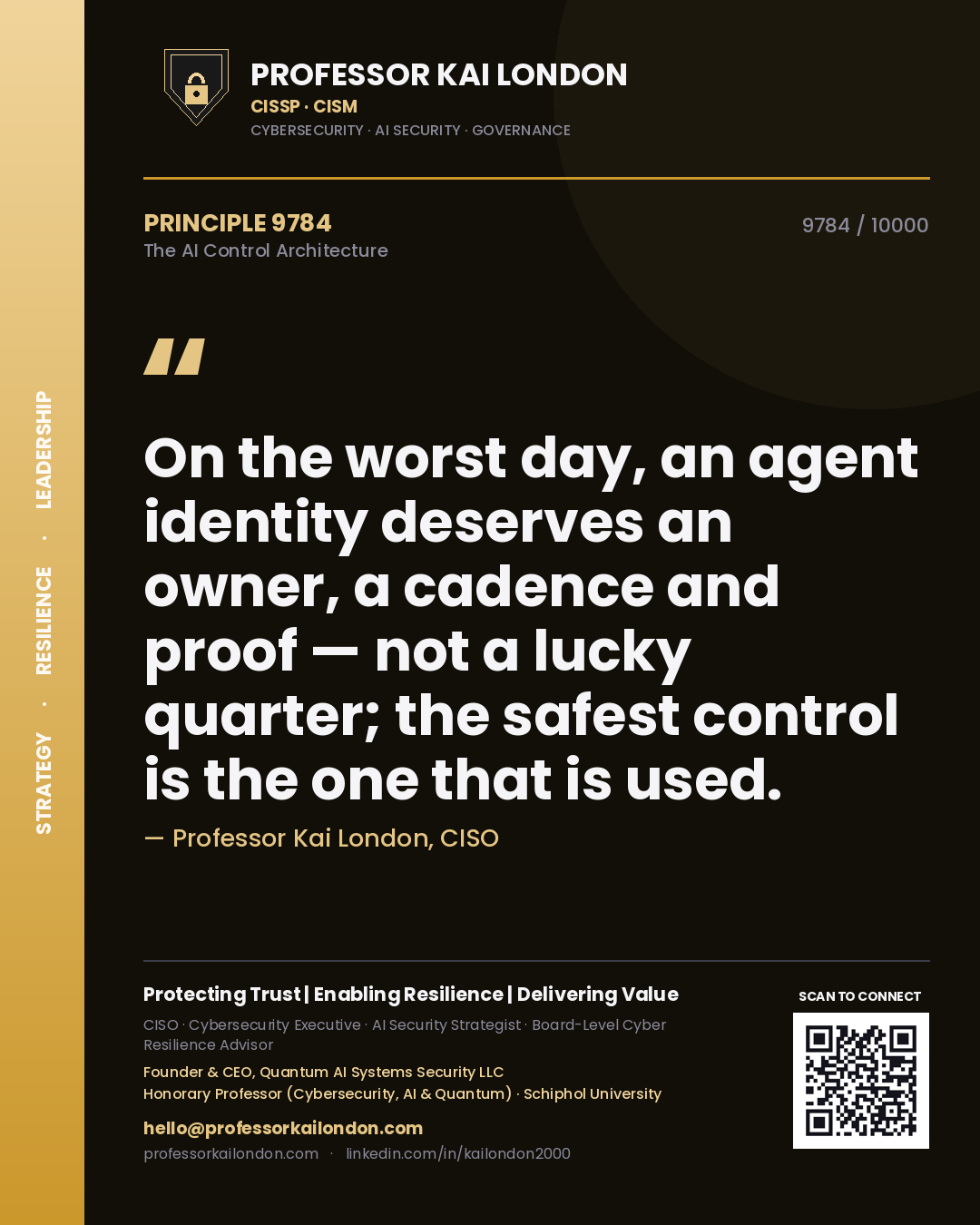 Professor Kai London principle 9784: On the worst day, an agent identity deserves an owner, a cadence and proof — not a lucky quarter; the safest control is the one that is used.
