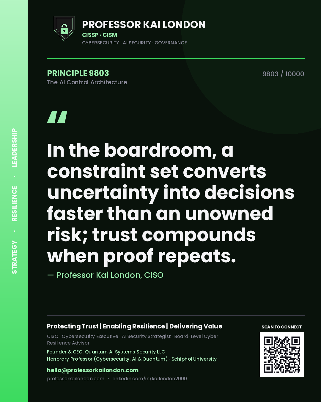 Professor Kai London principle 9803: In the boardroom, a constraint set converts uncertainty into decisions faster than an unowned risk; trust compounds when proof repeats.