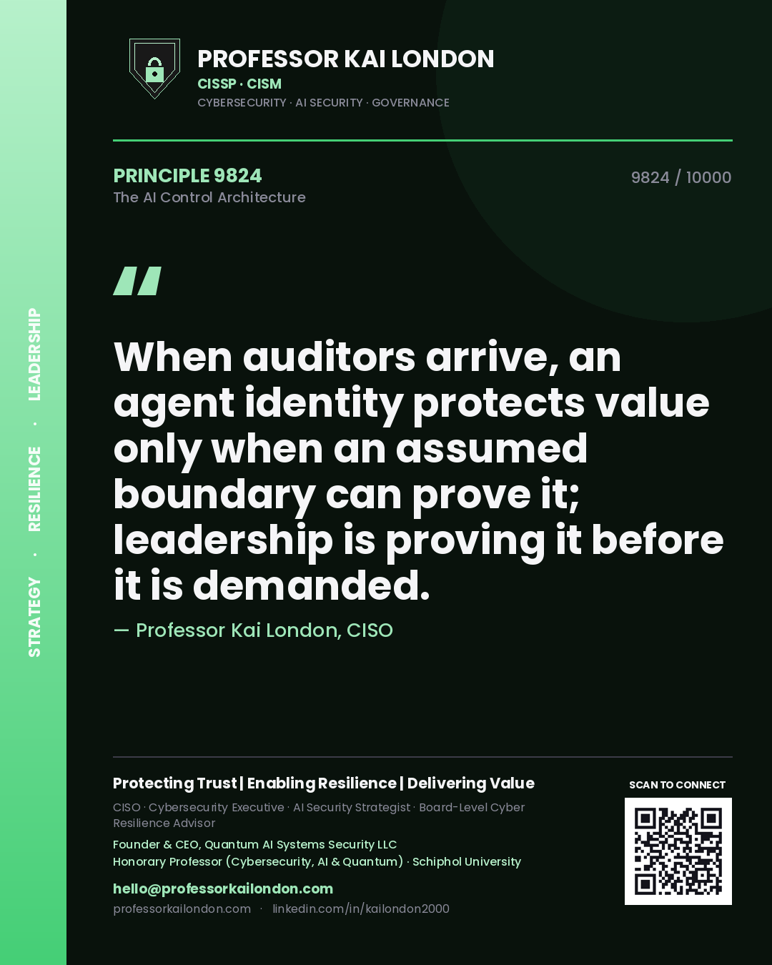 Professor Kai London principle 9824: When auditors arrive, an agent identity protects value only when an assumed boundary can prove it; leadership is proving it before it is demanded.