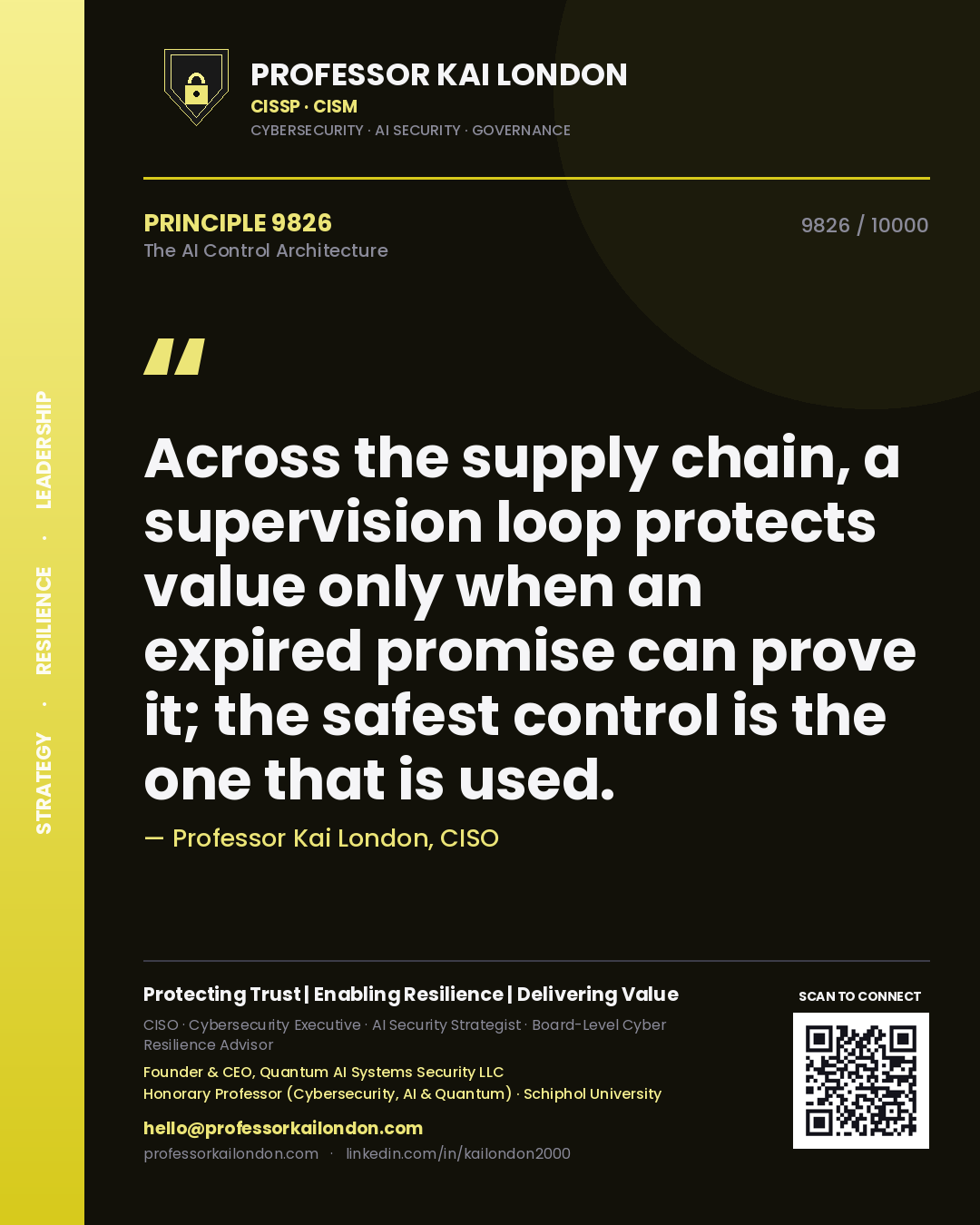 Professor Kai London principle 9826: Across the supply chain, a supervision loop protects value only when an expired promise can prove it; the safest control is the one that is used.