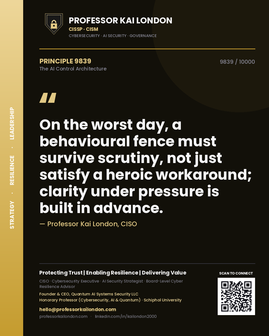 Professor Kai London principle 9839: On the worst day, a behavioural fence must survive scrutiny, not just satisfy a heroic workaround; clarity under pressure is built in advance.