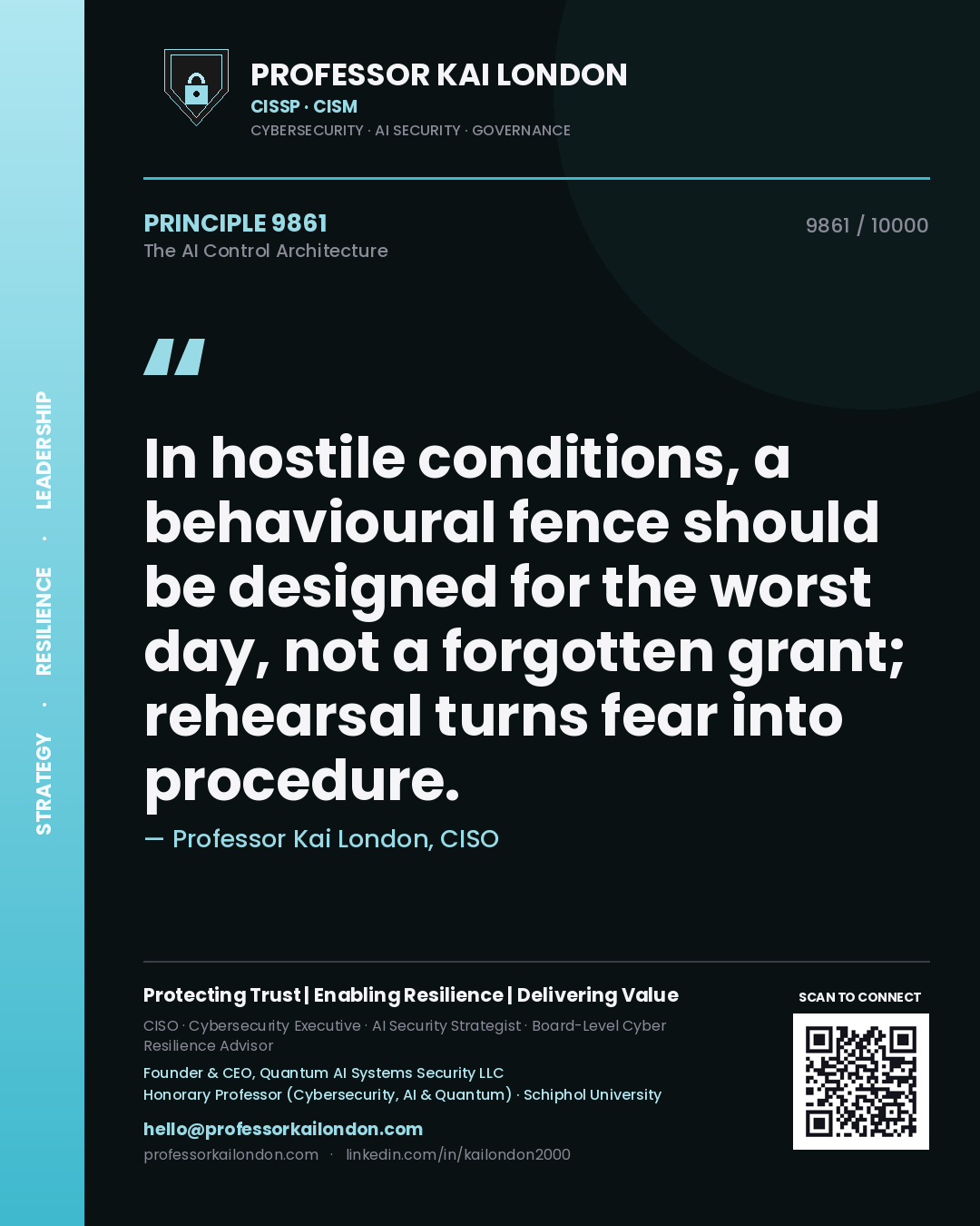 Professor Kai London principle 9861: In hostile conditions, a behavioural fence should be designed for the worst day, not a forgotten grant; rehearsal turns fear into procedure.