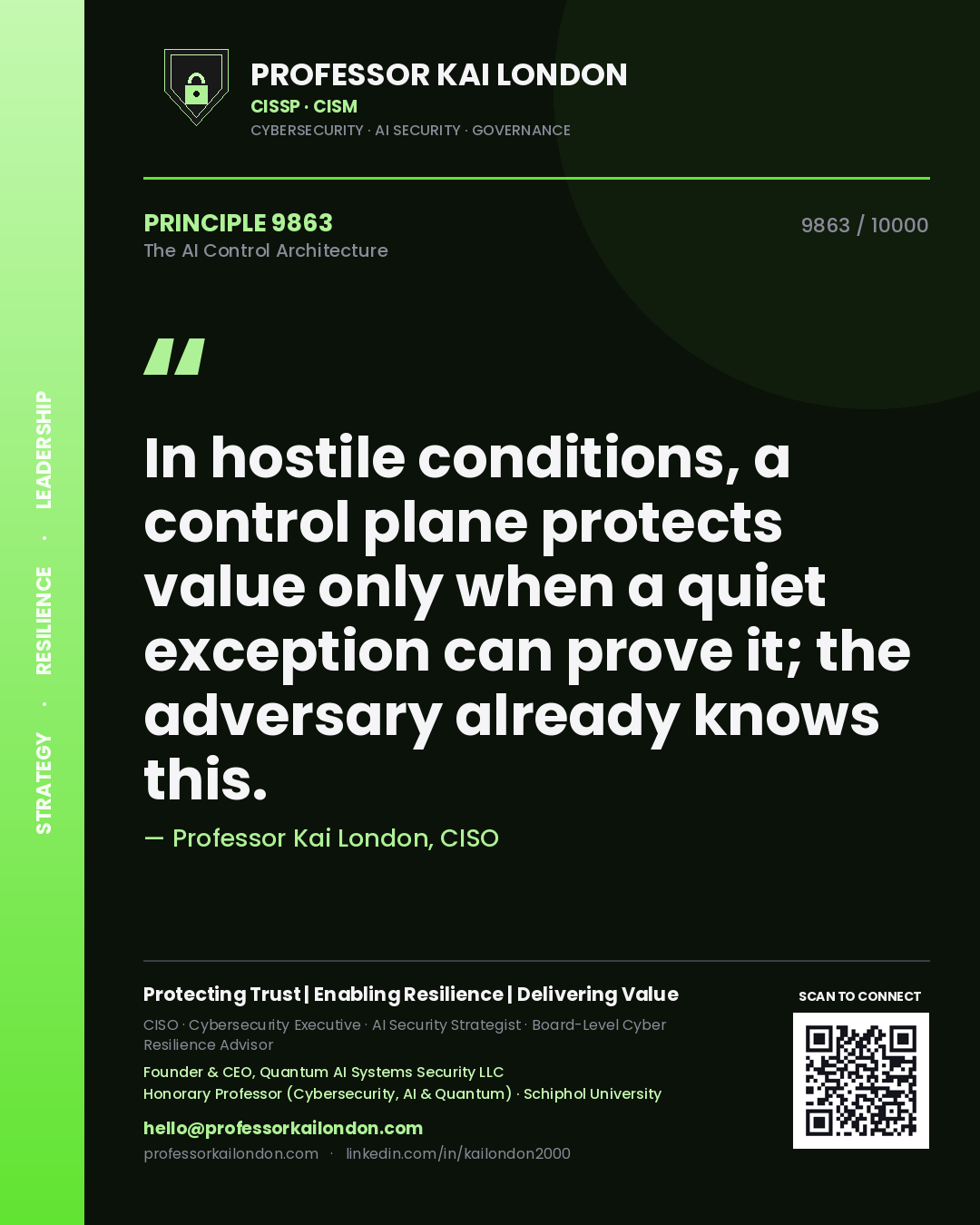 Professor Kai London principle 9863: In hostile conditions, a control plane protects value only when a quiet exception can prove it; the adversary already knows this.