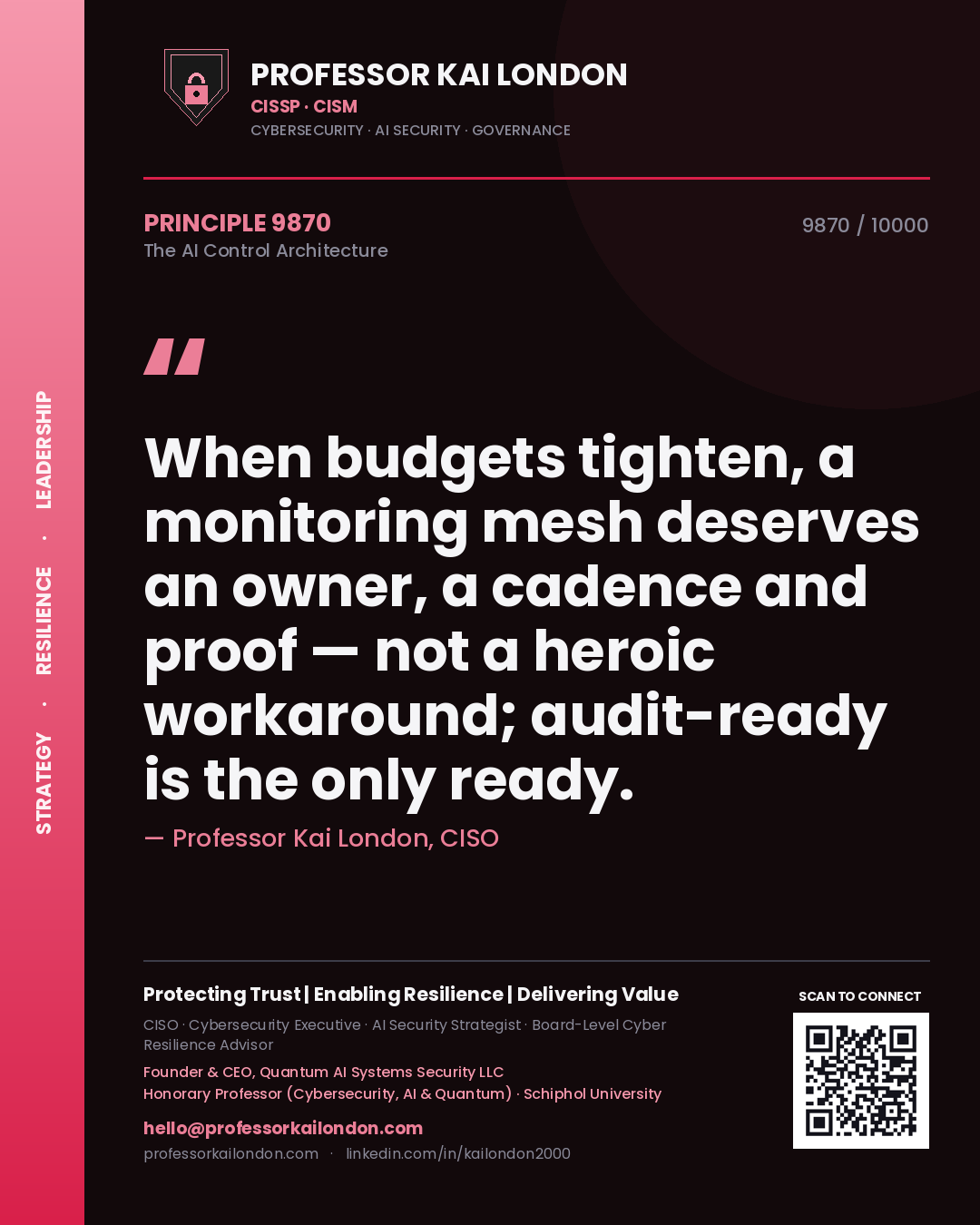 Professor Kai London principle 9870: When budgets tighten, a monitoring mesh deserves an owner, a cadence and proof — not a heroic workaround; audit-ready is the only ready.