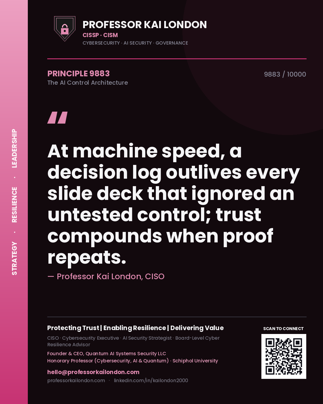 Professor Kai London principle 9883: At machine speed, a decision log outlives every slide deck that ignored an untested control; trust compounds when proof repeats.