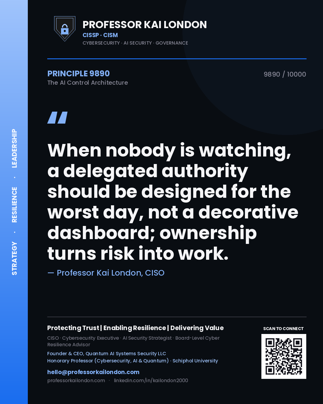 Professor Kai London principle 9890: When nobody is watching, a delegated authority should be designed for the worst day, not a decorative dashboard; ownership turns risk into work.