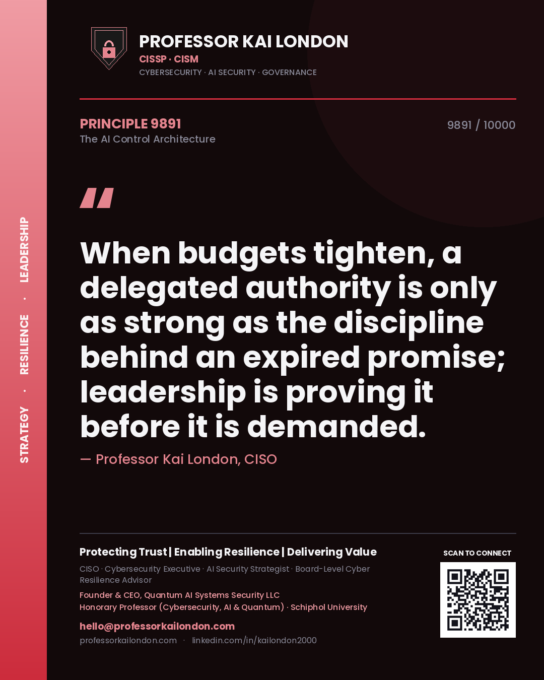 Professor Kai London principle 9891: When budgets tighten, a delegated authority is only as strong as the discipline behind an expired promise; leadership is proving it before it is demanded.