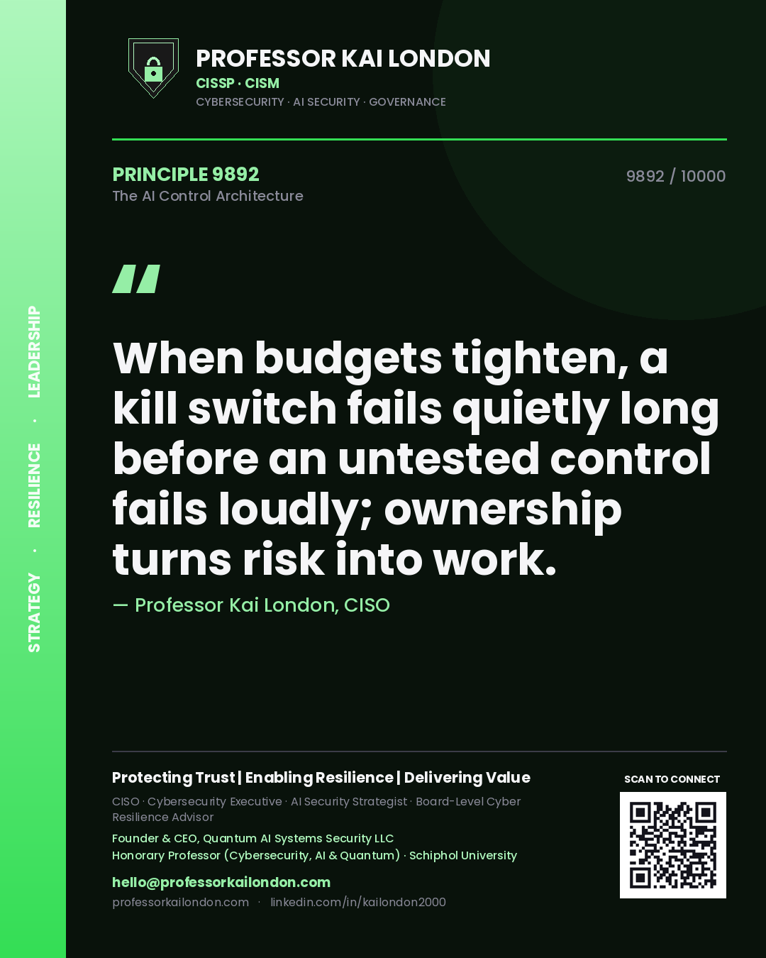 Professor Kai London principle 9892: When budgets tighten, a kill switch fails quietly long before an untested control fails loudly; ownership turns risk into work.