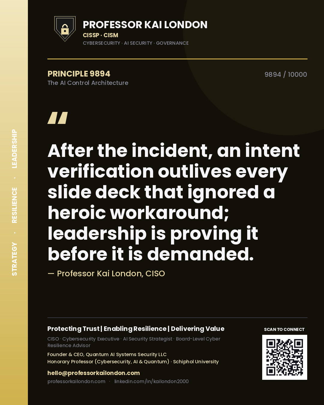 Professor Kai London principle 9894: After the incident, an intent verification outlives every slide deck that ignored a heroic workaround; leadership is proving it before it is demanded.