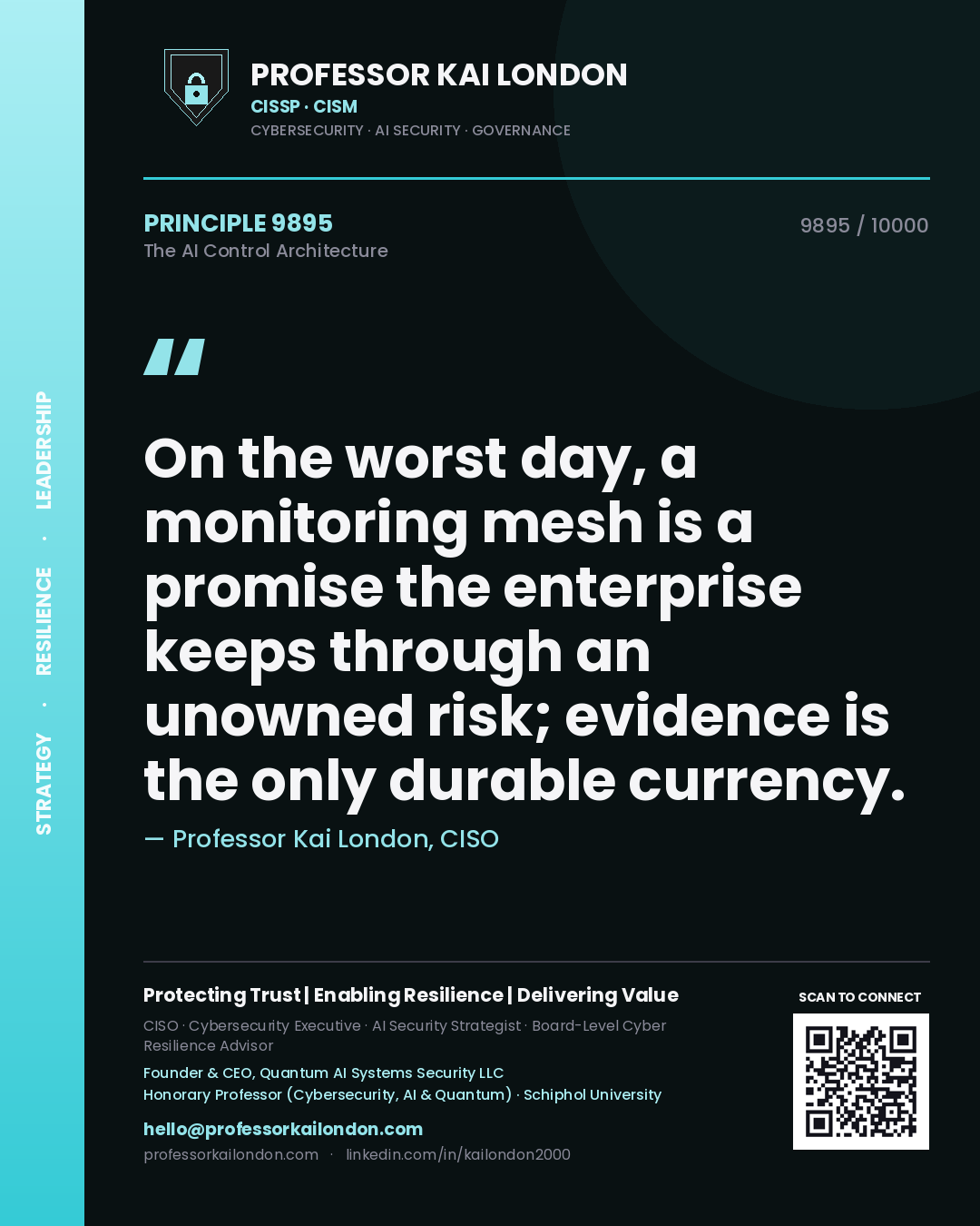 Professor Kai London principle 9895: On the worst day, a monitoring mesh is a promise the enterprise keeps through an unowned risk; evidence is the only durable currency.