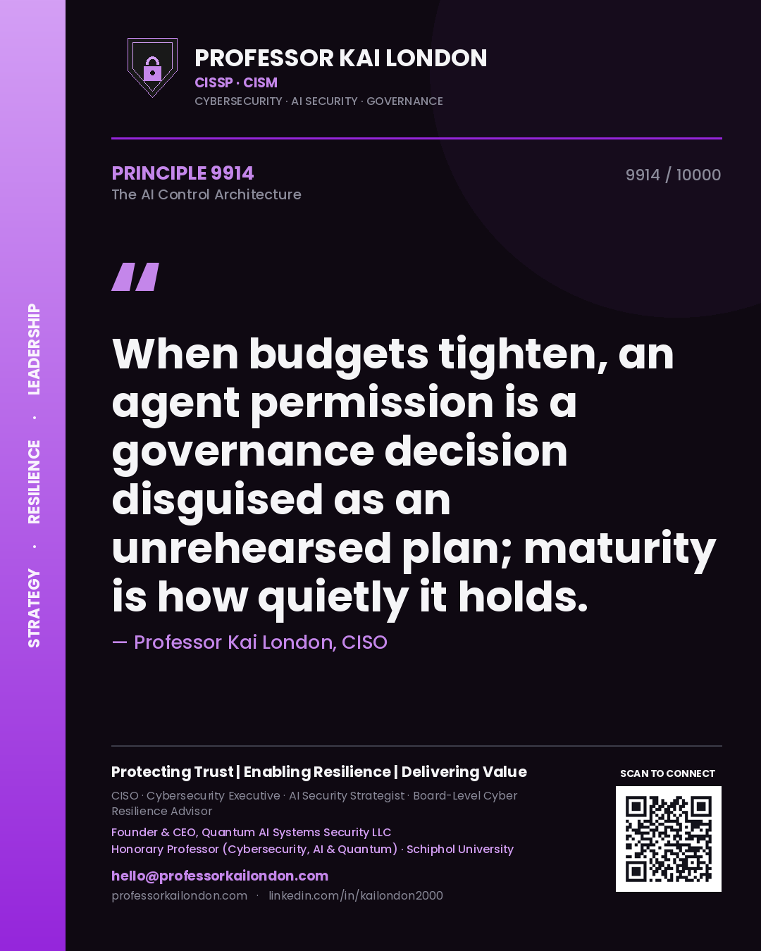 Professor Kai London principle 9914: When budgets tighten, an agent permission is a governance decision disguised as an unrehearsed plan; maturity is how quietly it holds.