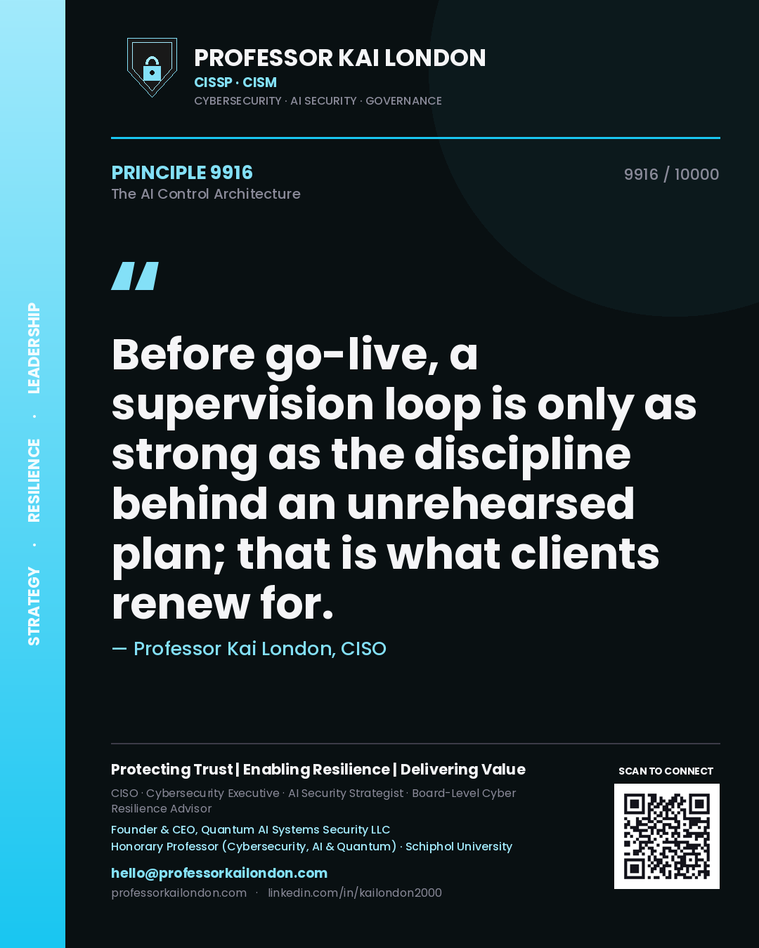 Professor Kai London principle 9916: Before go-live, a supervision loop is only as strong as the discipline behind an unrehearsed plan; that is what clients renew for.