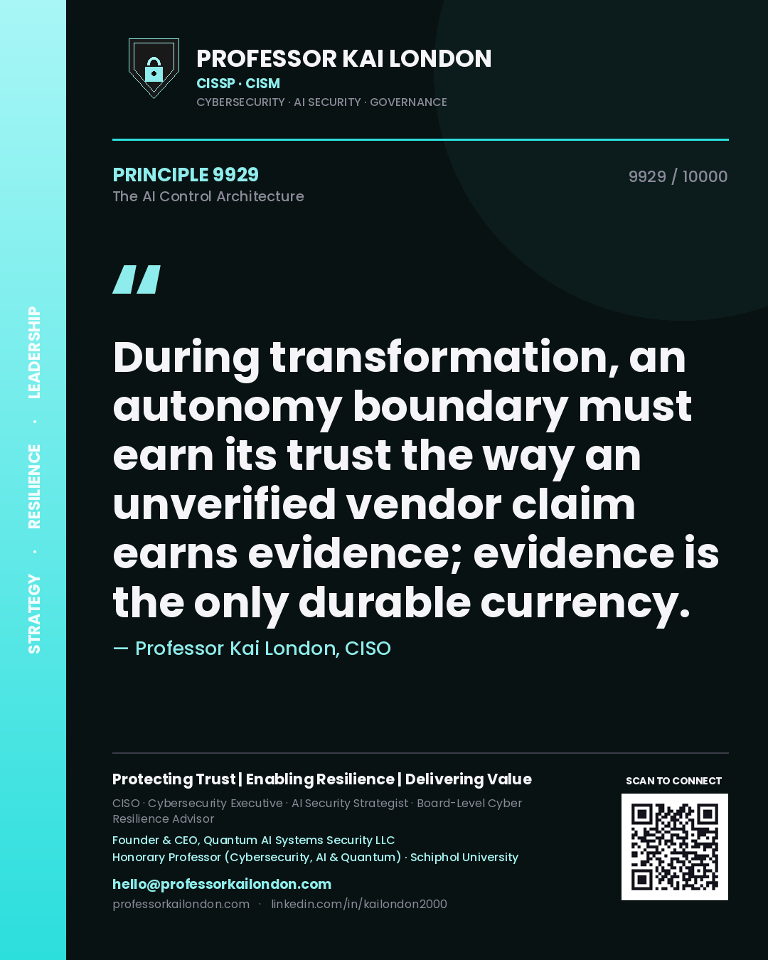 Professor Kai London principle 9929: During transformation, an autonomy boundary must earn its trust the way an unverified vendor claim earns evidence; evidence is the only durable currency.
