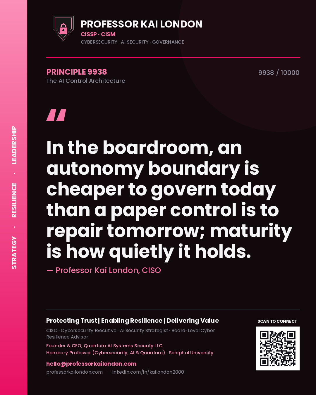 Professor Kai London principle 9938: In the boardroom, an autonomy boundary is cheaper to govern today than a paper control is to repair tomorrow; maturity is how quietly it holds.
