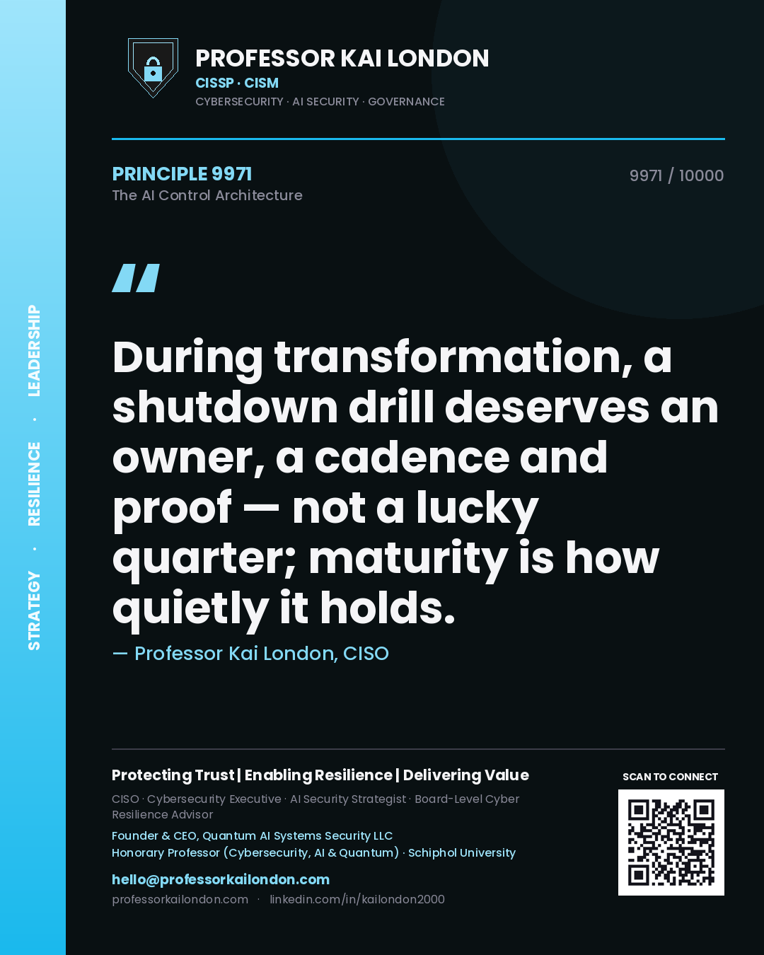 Professor Kai London principle 9971: During transformation, a shutdown drill deserves an owner, a cadence and proof — not a lucky quarter; maturity is how quietly it holds.
