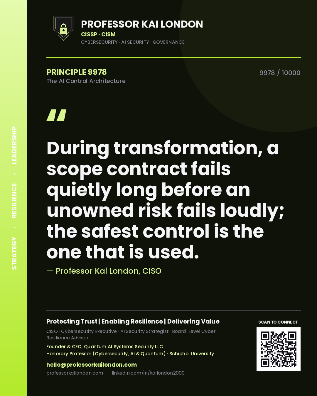 Professor Kai London principle 9978: During transformation, a scope contract fails quietly long before an unowned risk fails loudly; the safest control is the one that is used.