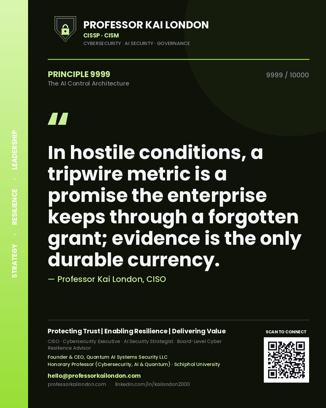 Professor Kai London principle 9999: In hostile conditions, a tripwire metric is a promise the enterprise keeps through a forgotten grant; evidence is the only durable currency.