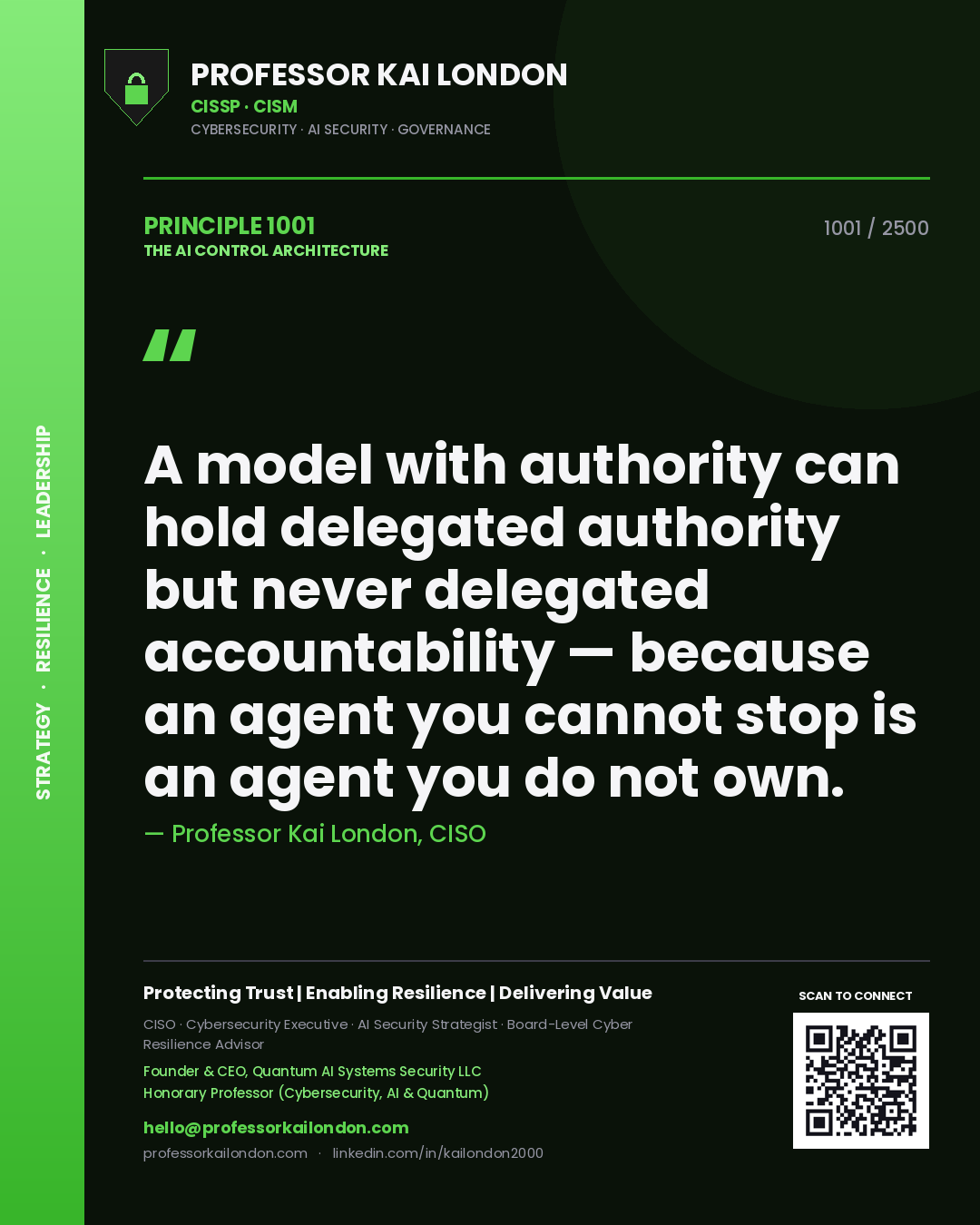 Professor Kai London principle 1001: A model with authority can hold delegated authority but never delegated accountability — because an agent you cannot stop is an agent you do not own.