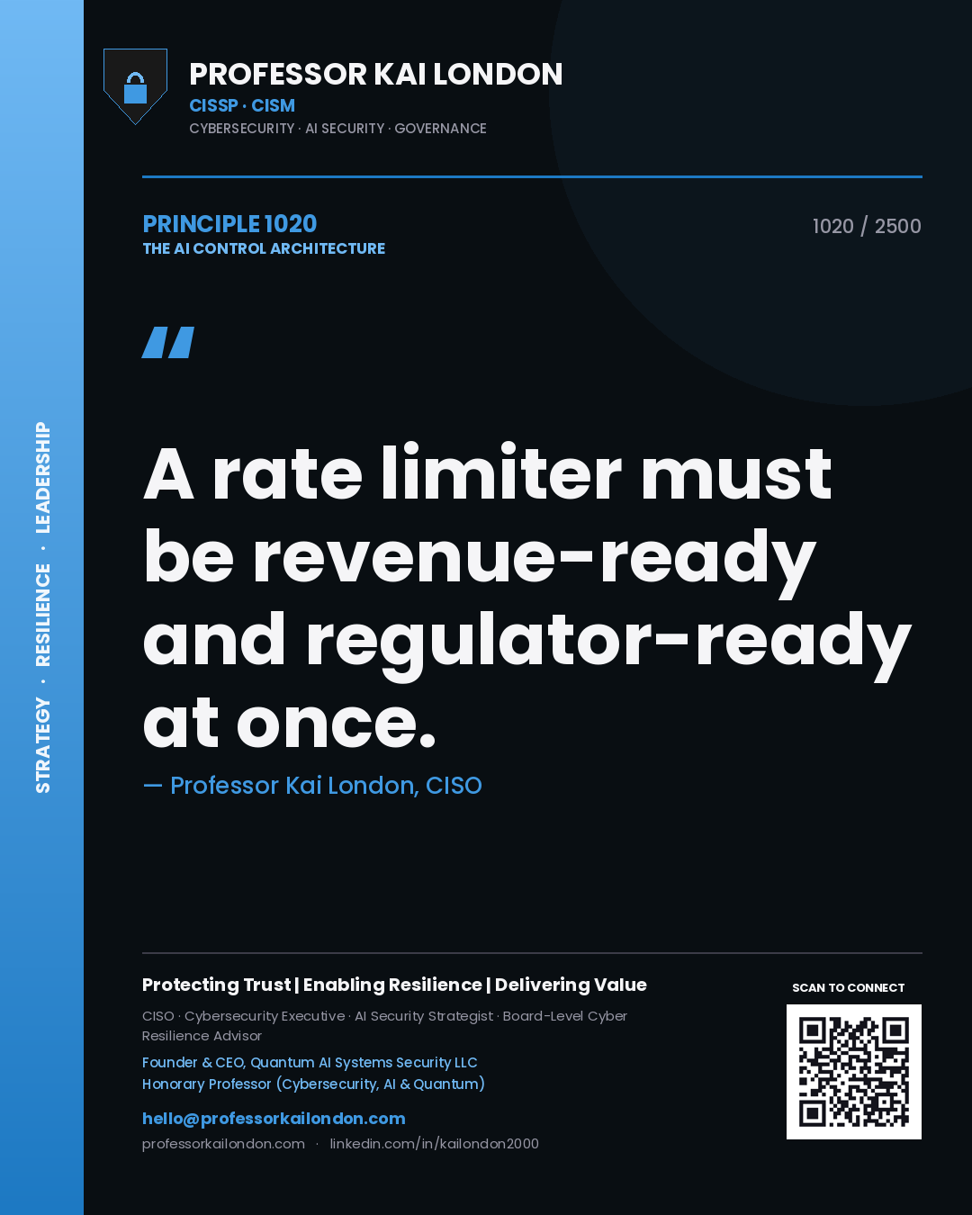 Professor Kai London principle 1020: A rate limiter must be revenue-ready and regulator-ready at once.