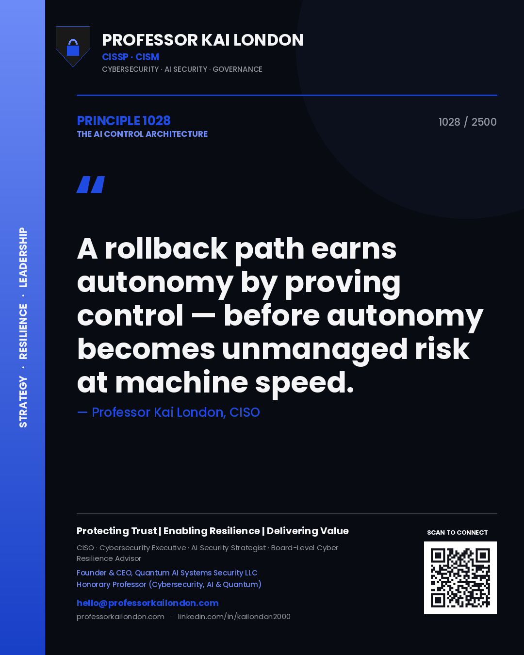 Professor Kai London principle 1028: A rollback path earns autonomy by proving control — before autonomy becomes unmanaged risk at machine speed.