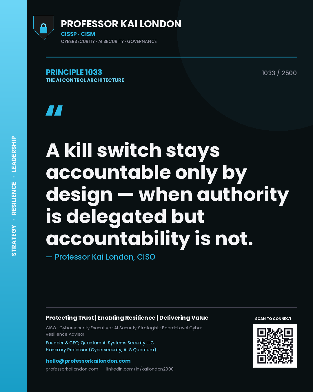 Professor Kai London principle 1033: A kill switch stays accountable only by design — when authority is delegated but accountability is not.
