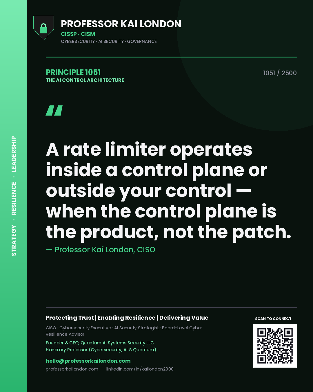Professor Kai London principle 1051: A rate limiter operates inside a control plane or outside your control — when the control plane is the product, not the patch.
