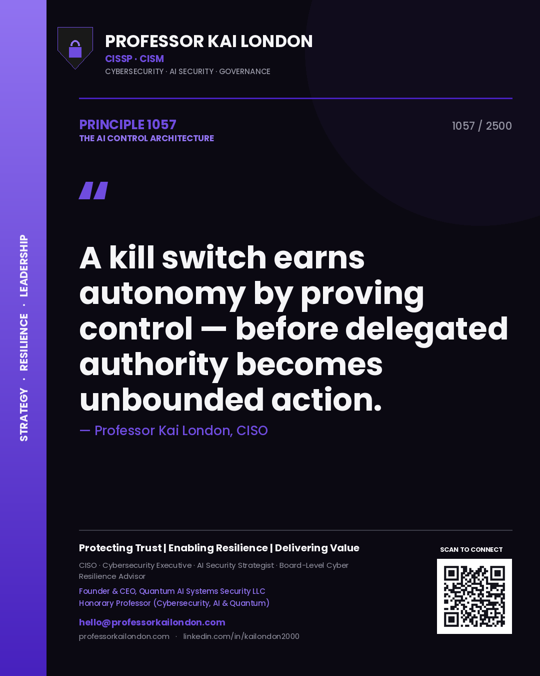 Professor Kai London principle 1057: A kill switch earns autonomy by proving control — before delegated authority becomes unbounded action.