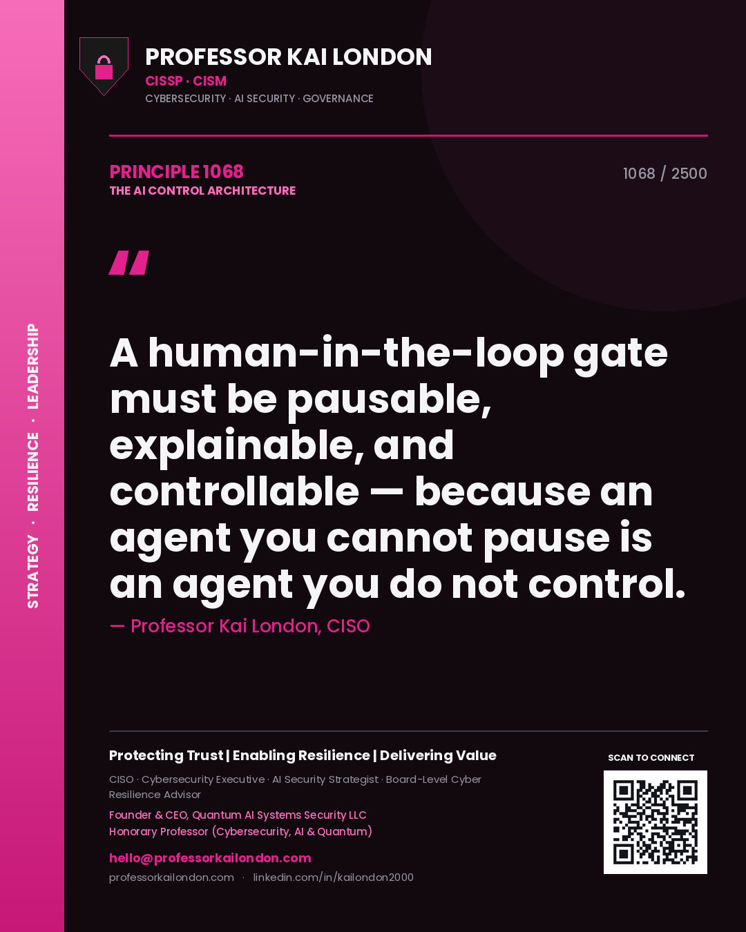 Professor Kai London principle 1068: A human-in-the-loop gate must be pausable, explainable, and controllable — because an agent you cannot pause is an agent you do not control.