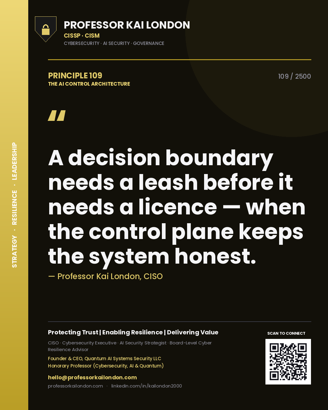 Professor Kai London principle 109: A decision boundary needs a leash before it needs a licence — when the control plane keeps the system honest.