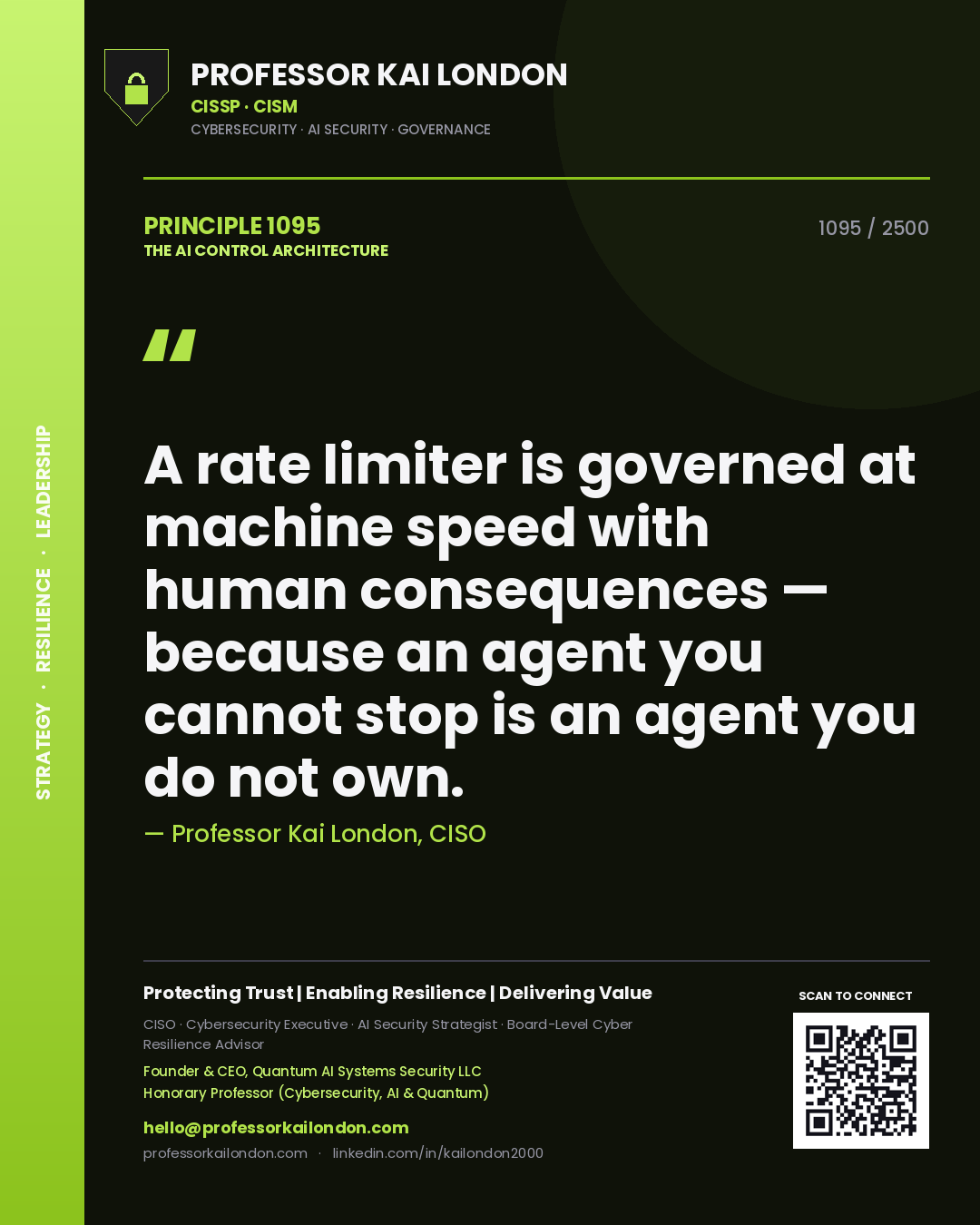 Professor Kai London principle 1095: A rate limiter is governed at machine speed with human consequences — because an agent you cannot stop is an agent you do not own.