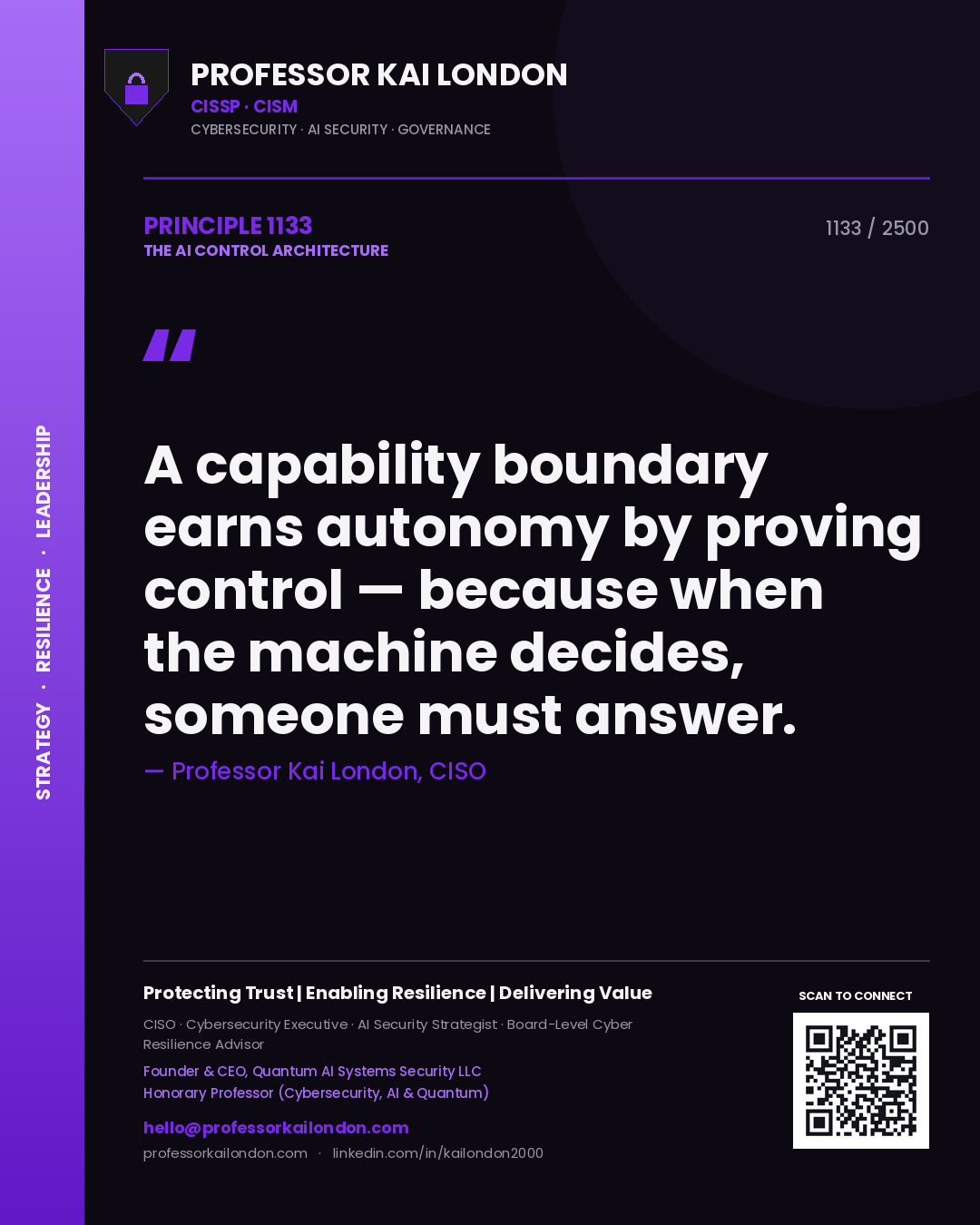 Professor Kai London principle 1133: A capability boundary earns autonomy by proving control — because when the machine decides, someone must answer.