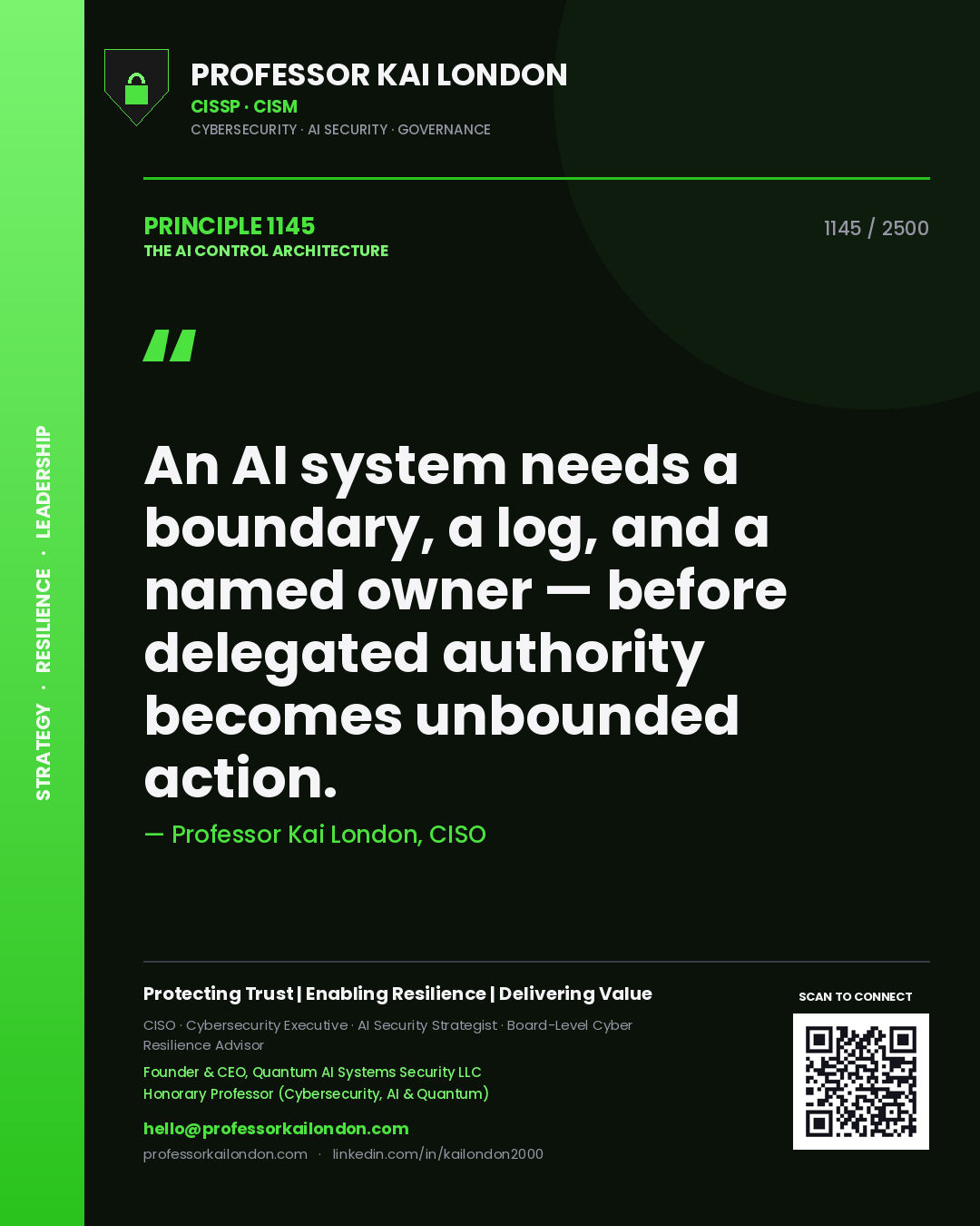 Professor Kai London principle 1145: An AI system needs a boundary, a log, and a named owner — before delegated authority becomes unbounded action.