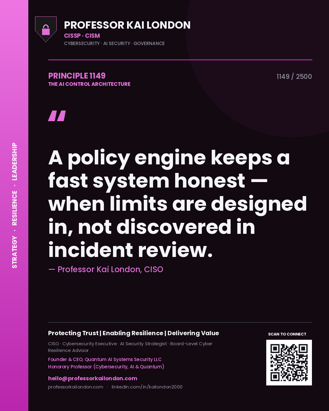 Professor Kai London principle 1149: A policy engine keeps a fast system honest — when limits are designed in, not discovered in incident review.