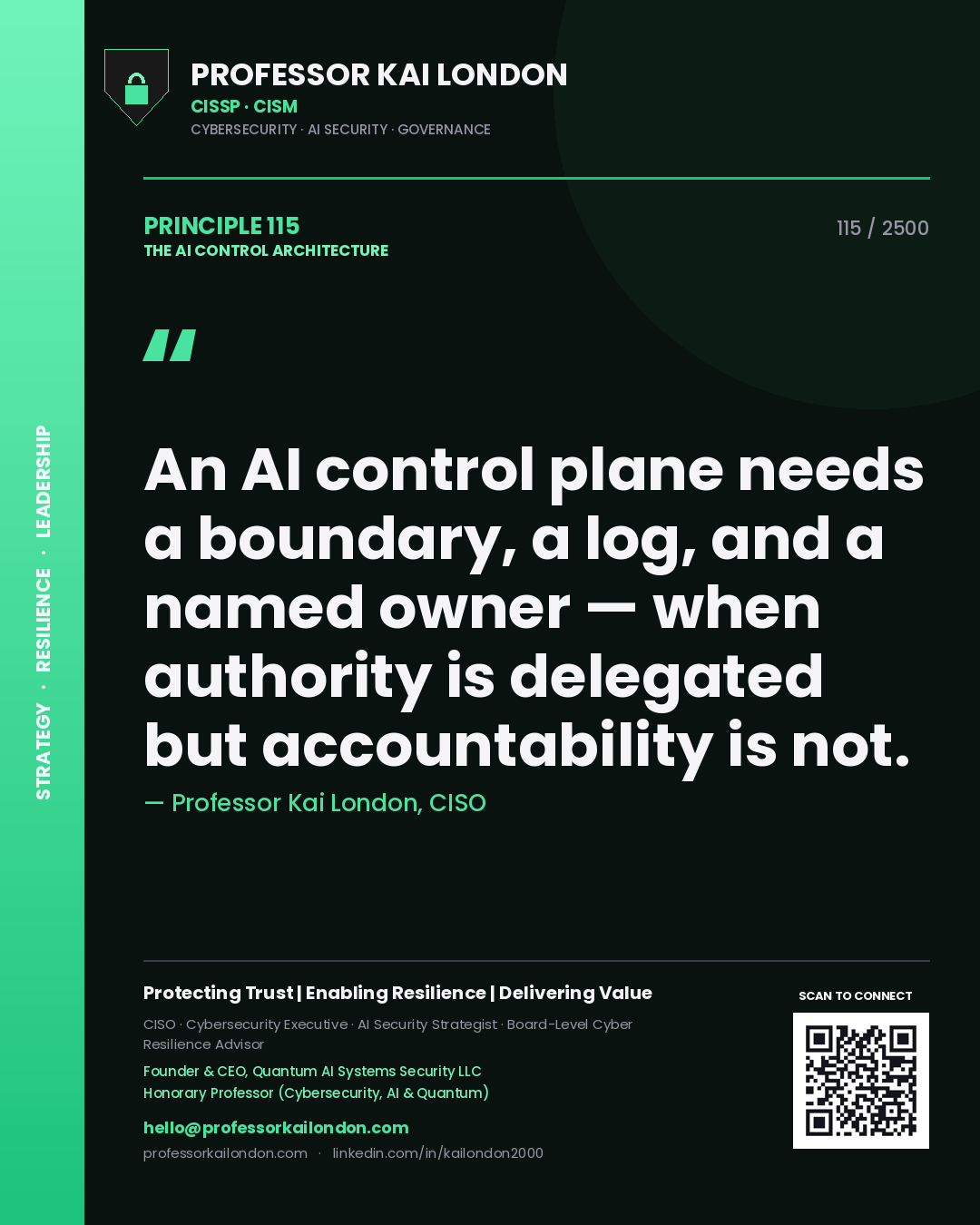 Professor Kai London principle 115: An AI control plane needs a boundary, a log, and a named owner — when authority is delegated but accountability is not.