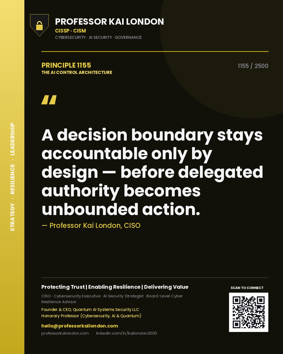 Professor Kai London principle 1155: A decision boundary stays accountable only by design — before delegated authority becomes unbounded action.