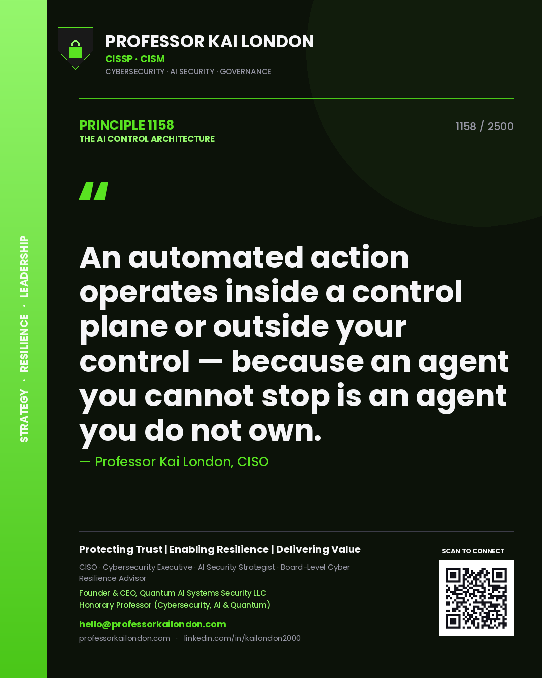 Professor Kai London principle 1158: An automated action operates inside a control plane or outside your control — because an agent you cannot stop is an agent you do not own.