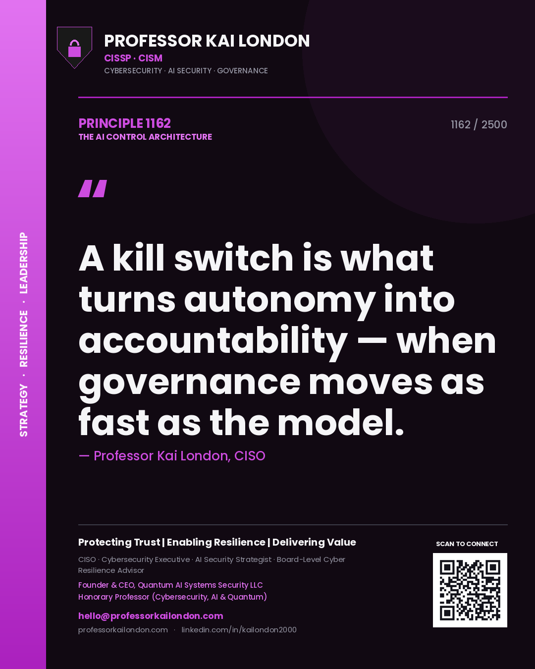 Professor Kai London principle 1162: A kill switch is what turns autonomy into accountability — when governance moves as fast as the model.