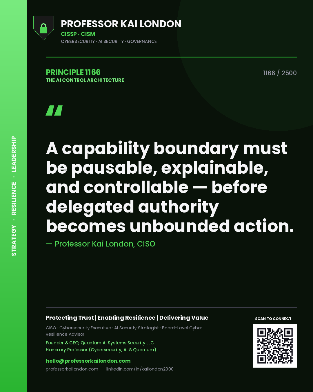 Professor Kai London principle 1166: A capability boundary must be pausable, explainable, and controllable — before delegated authority becomes unbounded action.