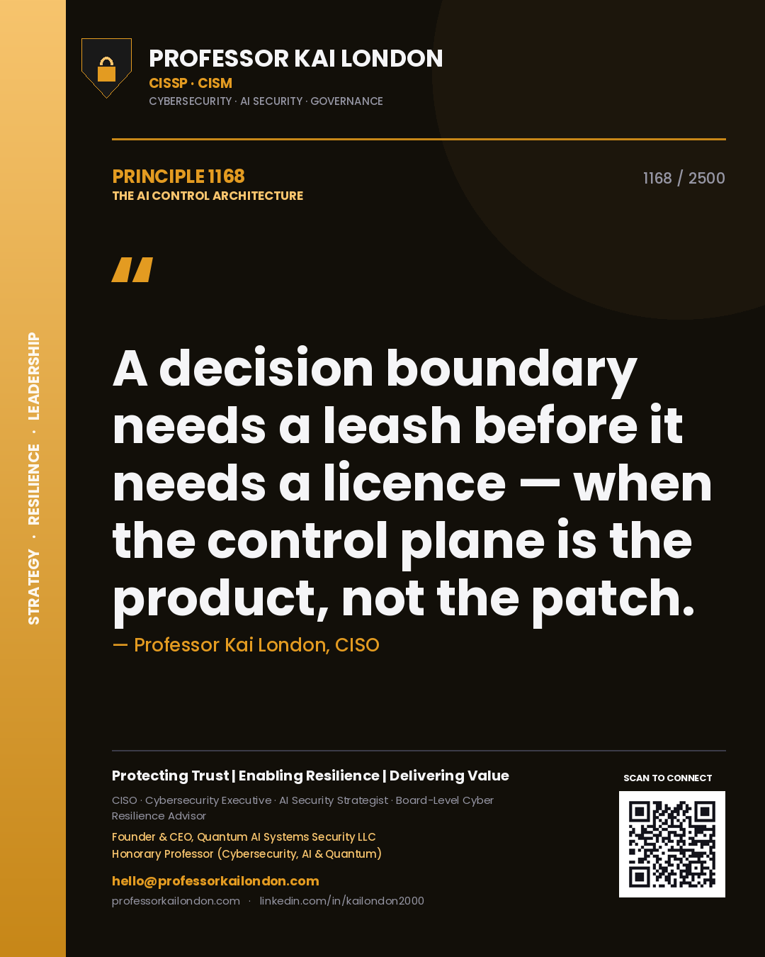 Professor Kai London principle 1168: A decision boundary needs a leash before it needs a licence — when the control plane is the product, not the patch.