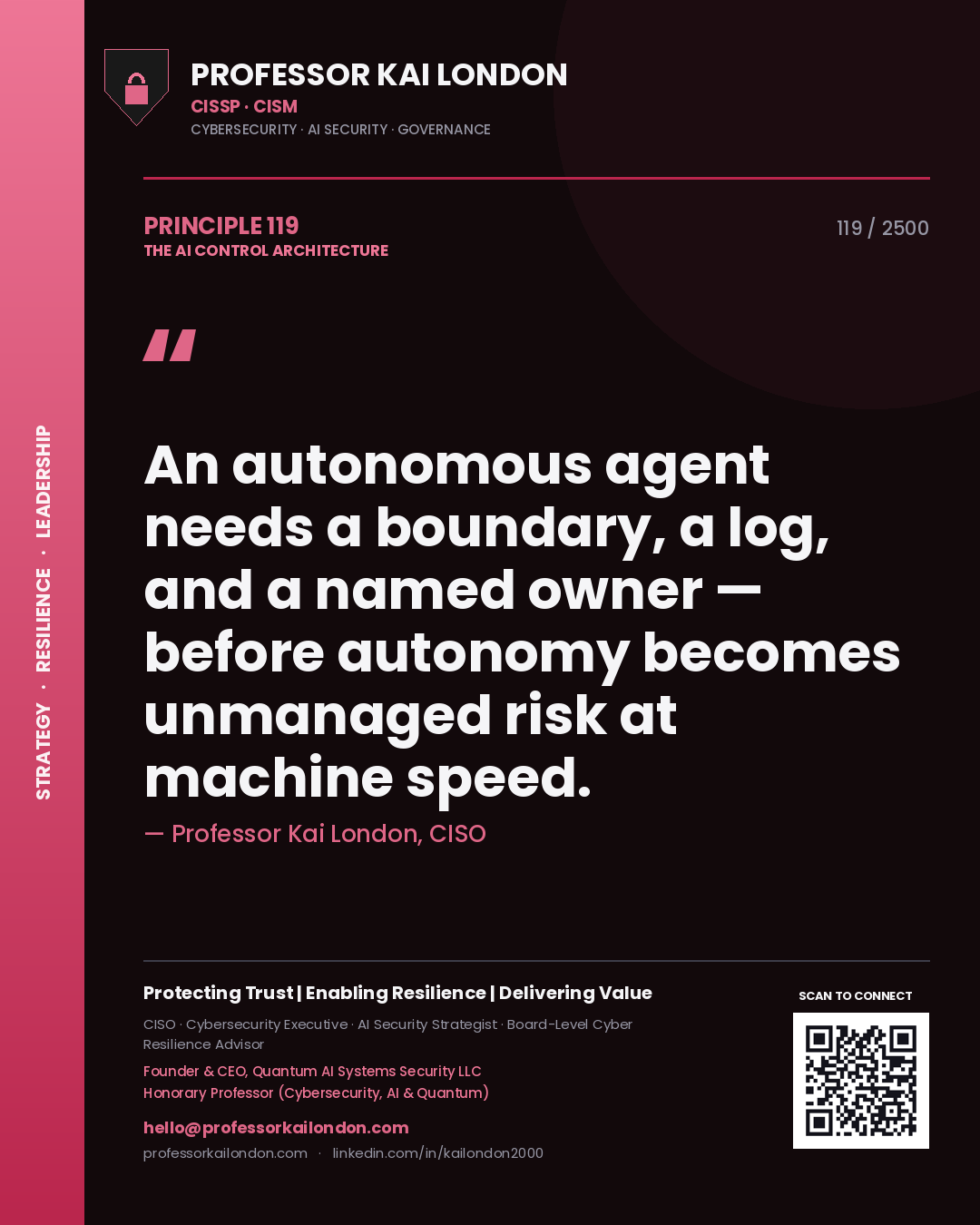 Professor Kai London principle 119: An autonomous agent needs a boundary, a log, and a named owner — before autonomy becomes unmanaged risk at machine speed.